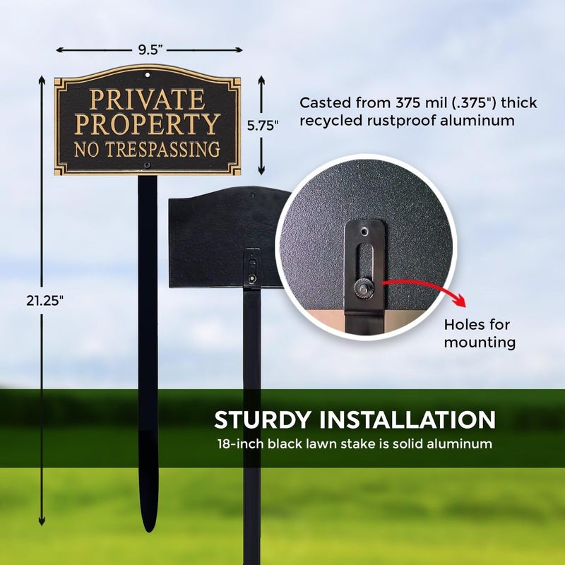 SmartSign Private Property No Trespassing Metal Plaque - GardenBoss Statement Yard Sign 5.75" x 9.5" Solid Heavy Duty Cast Aluminum Plaque with 18" Black Lawn Stake, Made in USA - Image 3